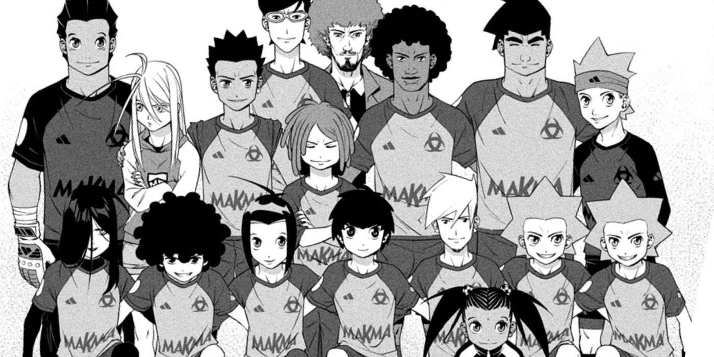 Team-based sports webtoon group photo showing the full cast of Team Z