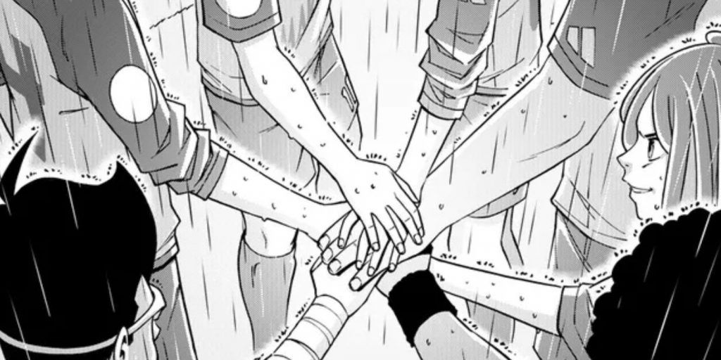 Team-based sports webtoon scene where players join hands during the match to stay motivated.